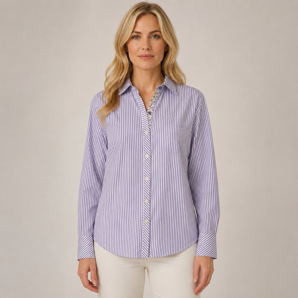 Maria Filo Blue White Striped Blouse Floral Trim Career Coastal Nautical Large